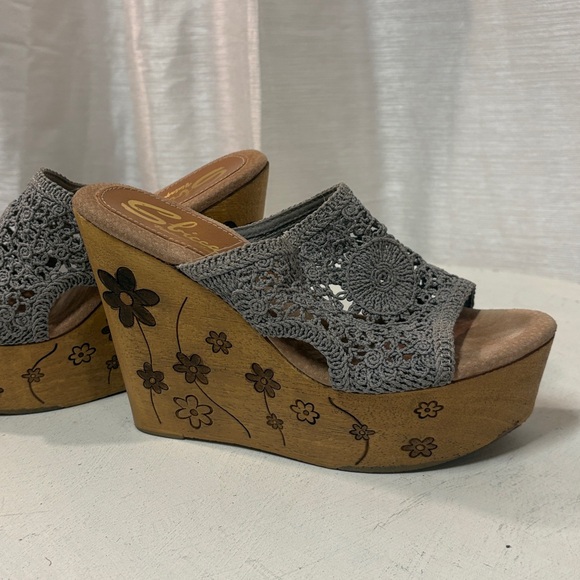 Sbicca Carolena Gray Crochet Wood Wedge Platform Sandals 9 - Picture 6 of 14